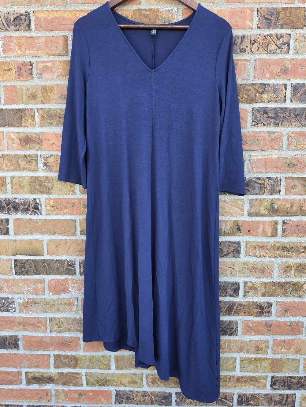 Eileen Fisher Navy Blue V Neck Asymmetrical Midi Maxi Dress 3/4 Sleeve Size M